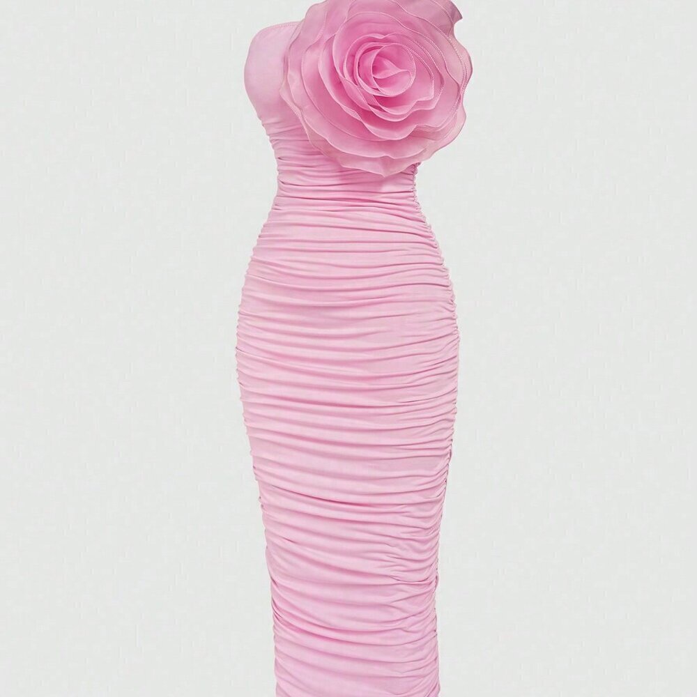 Pink Casual Women's Solid Color Pleated And 3D Flower Decorated Strapless Dress